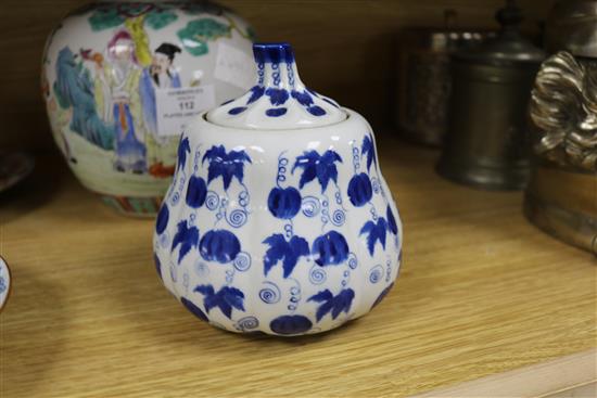 Two famille rose vases,melon shapers, jar and cover and two plates (5) Largest 23cm high